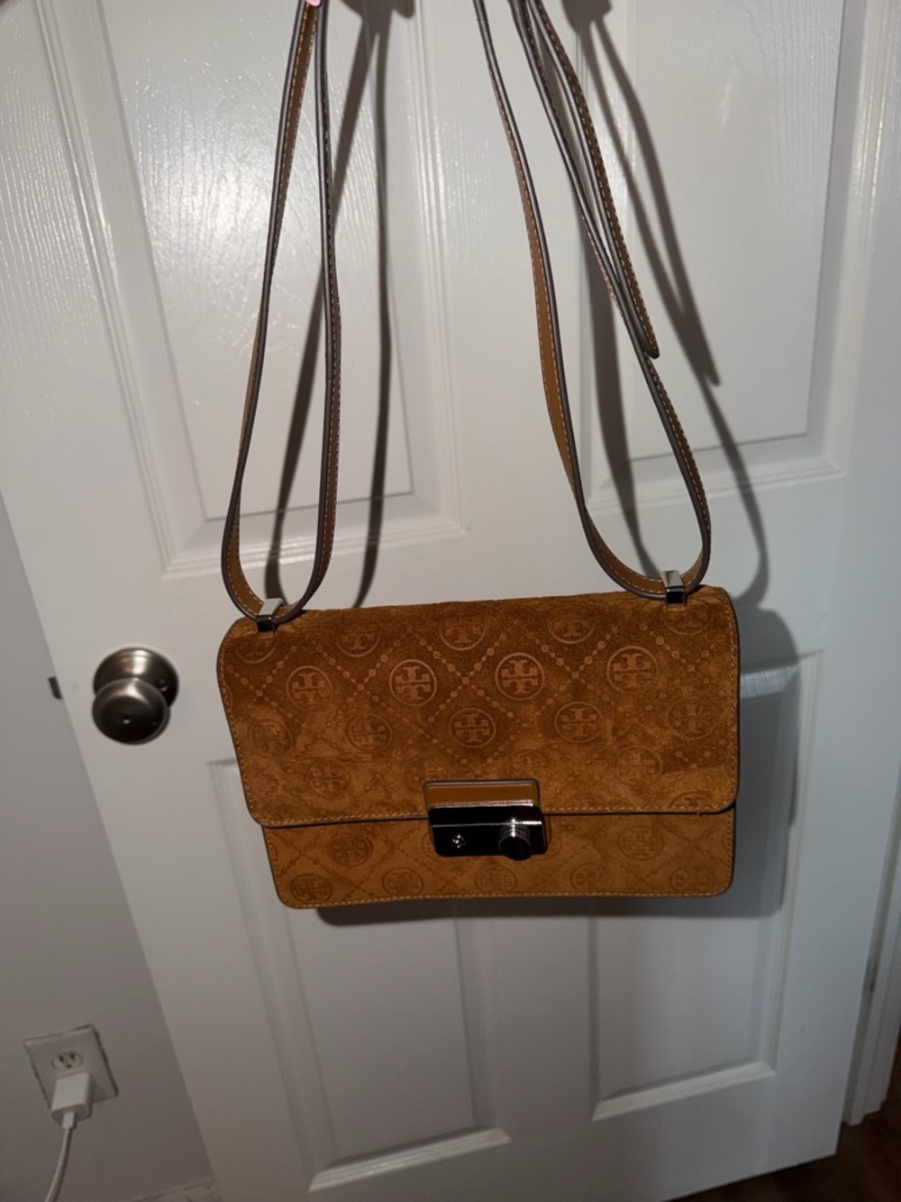 Tory Burch Embossed T Suede Shoulder Bag Hickory Brown